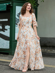 Square Neckline Ruched Chiffon Floor-length Dress Sunset Floral