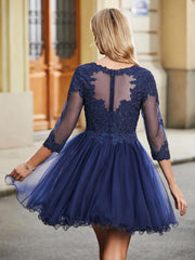 A-Line Long Sleeves Scoop Lace Tulle Dress Dark Navy