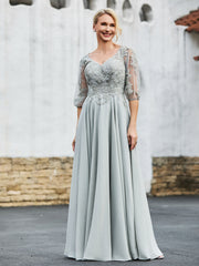 Half Sleeves Lace Top Pleated Dress Silver