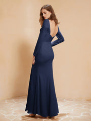 V-neck Pleated Mermaid Chiffon Dress With Silt Dark Navy