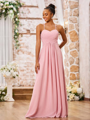 Spaghetti Straps Cross Pleated Chiffon Long Dresses Dusty Rose