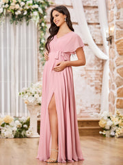 V-neck A-line Cap Sleeves Chiffon Maxi Dresses with Slit Dusty Rose