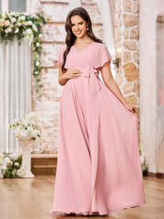 V-neck A-line Cap Sleeves Chiffon Maxi Dresses with Slit Dusty Rose