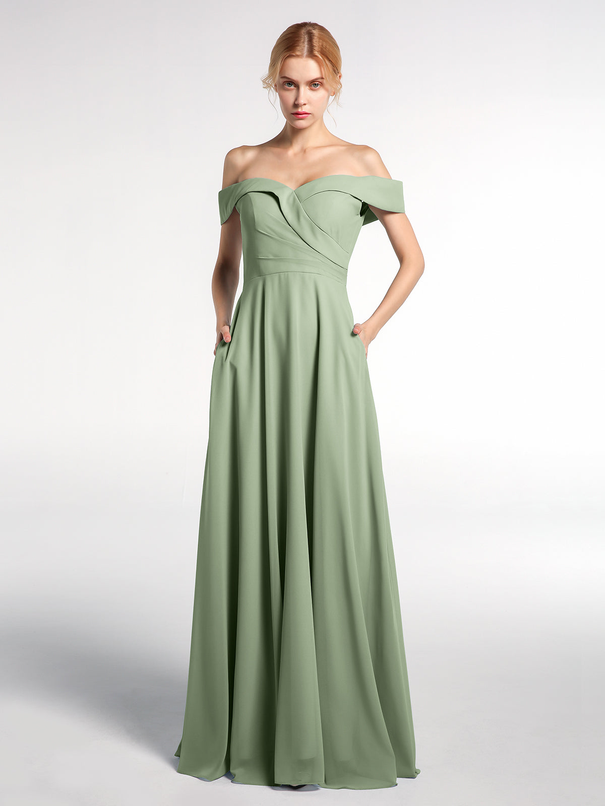 Off-the-Shoulder Circle Skirt Dress with Pockets-Dusty Sage
