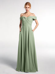 Off-the-Shoulder Circle Skirt Dress with Pockets-Dusty Sage