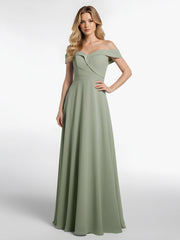 Off-the-Shoulder Circle Skirt Dress with Pockets-Dusty Sage