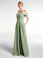 Off-the-Shoulder Circle Skirt Dress with Pockets-Dusty Sage
