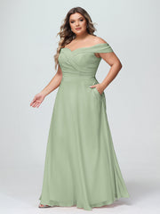 Off-the-Shoulder Circle Skirt Dress with Pockets-Dusty Sage