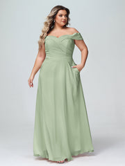 Off-the-Shoulder Circle Skirt Dress with Pockets-Dusty Sage