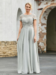 A-line Short Sleeves Lace Top Pleated Dress Silver