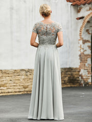 A-line Short Sleeves Lace Top Pleated Dress Silver