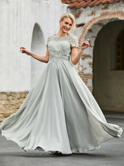 A-line Short Sleeves Lace Top Pleated Dress Silver