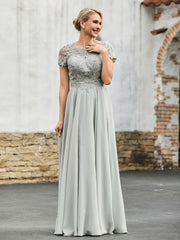 A-line Short Sleeves Lace Top Pleated Dress Silver