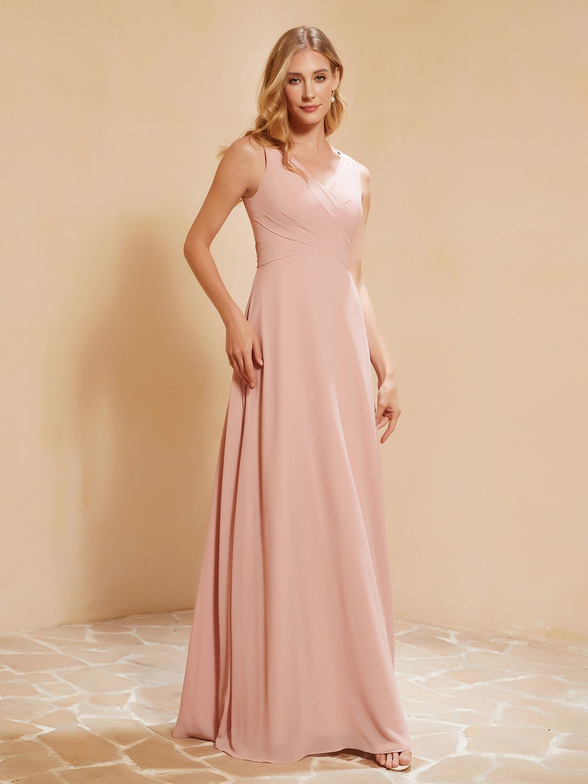 Pleated V-neck Chiffon A-line Dress With Bow Dusty Rose