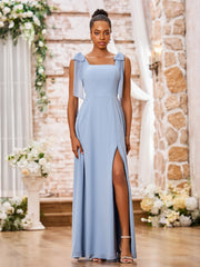 Double Bows Straps Square Neck Chiffon Dresses with Slit Dusty Blue
