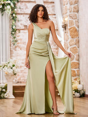 One Shoulder Sheath High Slit Sexy Dresses with Train Dusty Sage
