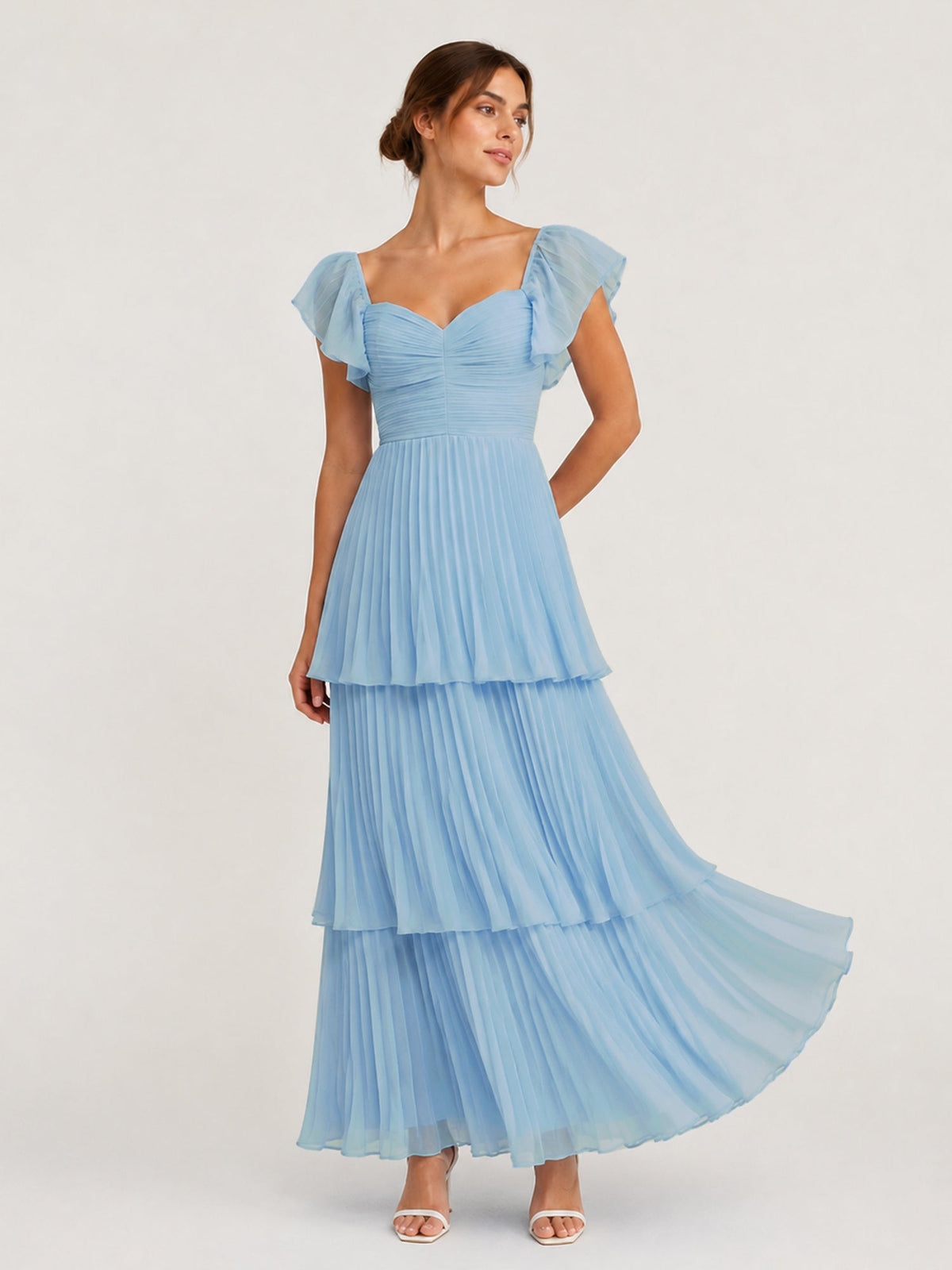Tiered Pleated Chiffon Maxi Dress with Flutter Sleeves Blue