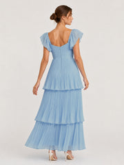 Tiered Pleated Chiffon Maxi Dress with Flutter Sleeves Blue