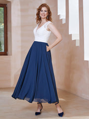 Deep V Neck Sleeveless Chiffon Dress With Pockets Dark Navy