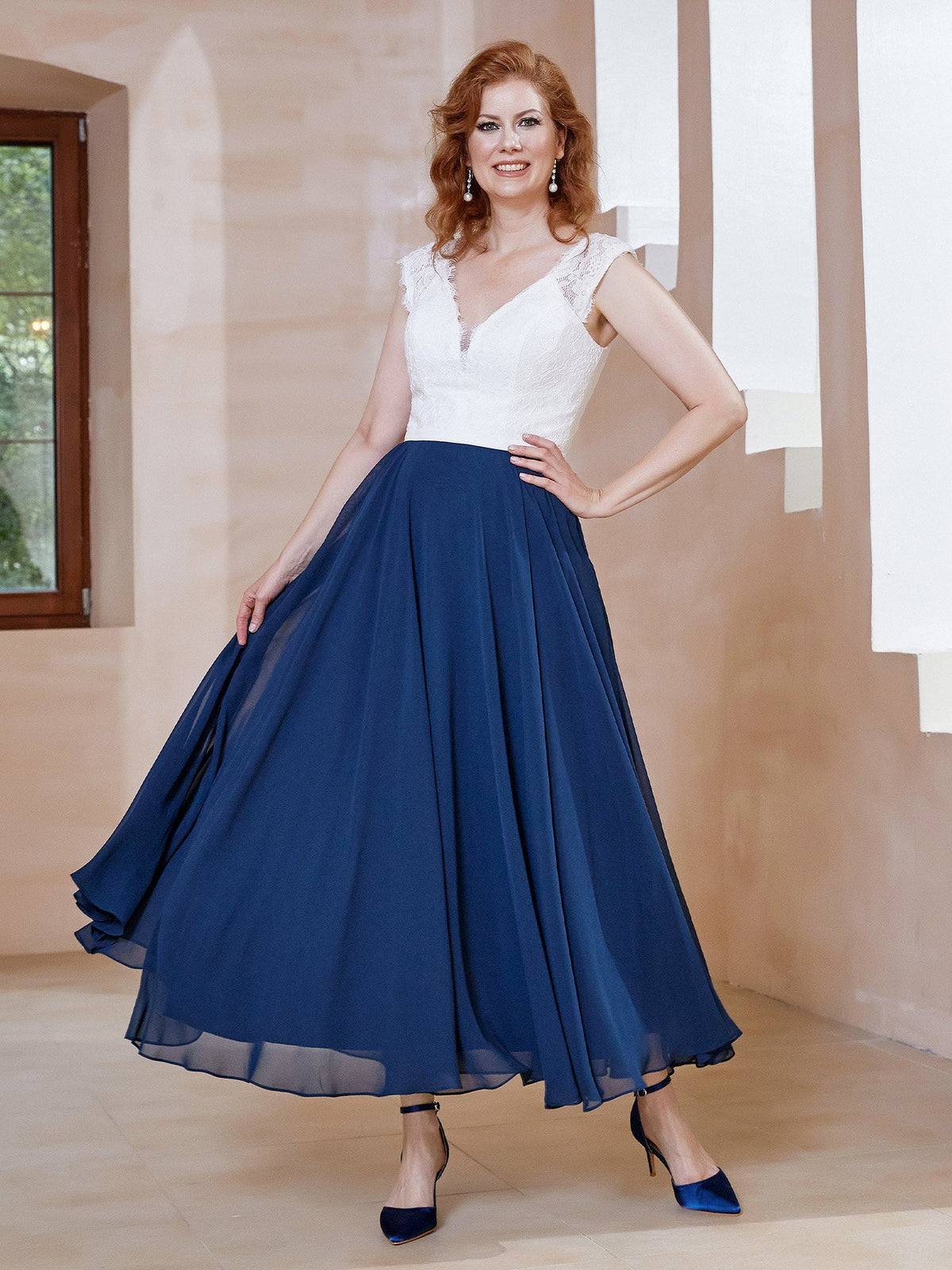 Deep V Neck Sleeveless Chiffon Dress With Pockets Dark Navy