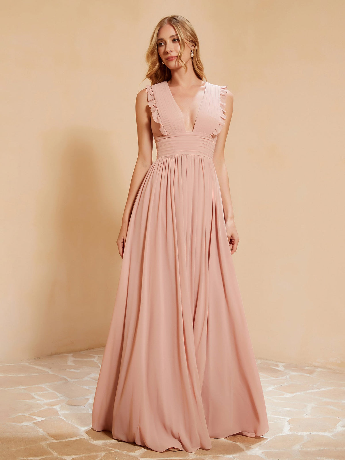 Plunging V-neck Ruffles Pleated Dress With Silt Dusty Rose