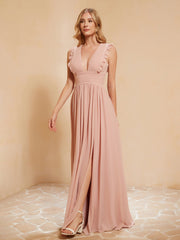 Plunging V-neck Ruffles Pleated Dress With Silt Dusty Rose
