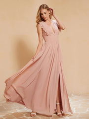 Plunging V-neck Ruffles Pleated Dress With Silt Dusty Rose