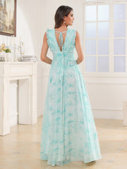 Plunging V-neck Ruffles Pleated Dress With Silt Minty Cloud