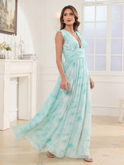 Plunging V-neck Ruffles Pleated Dress With Silt Minty Cloud