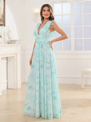 Plunging V-neck Ruffles Pleated Dress With Silt Minty Cloud