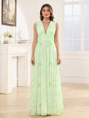 Plunging V-neck Ruffles Pleated Dress With Silt Sage Dream