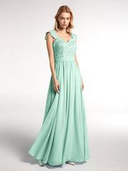 Long Chiffon Dress with Lace Appliqued Bodice-Mint Green