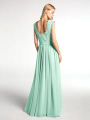 Long Chiffon Dress with Lace Appliqued Bodice-Mint Green