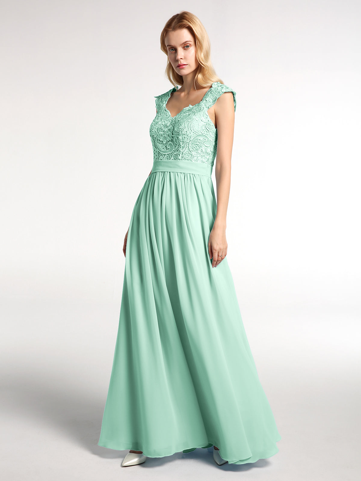 Long Chiffon Dress with Lace Appliqued Bodice-Mint Green
