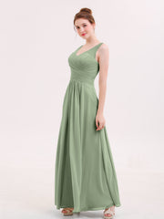 Long Bridesmaid Dresses with Pleated Bodice-Dusty Sage