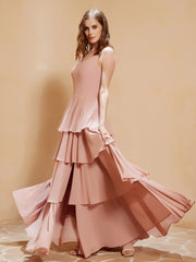 Boho V-neck Floor-length Dress Flowy Ruffles Dusty Rose