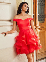 Off Shoulder Short Ruffle Satin Cocktail Dress Red