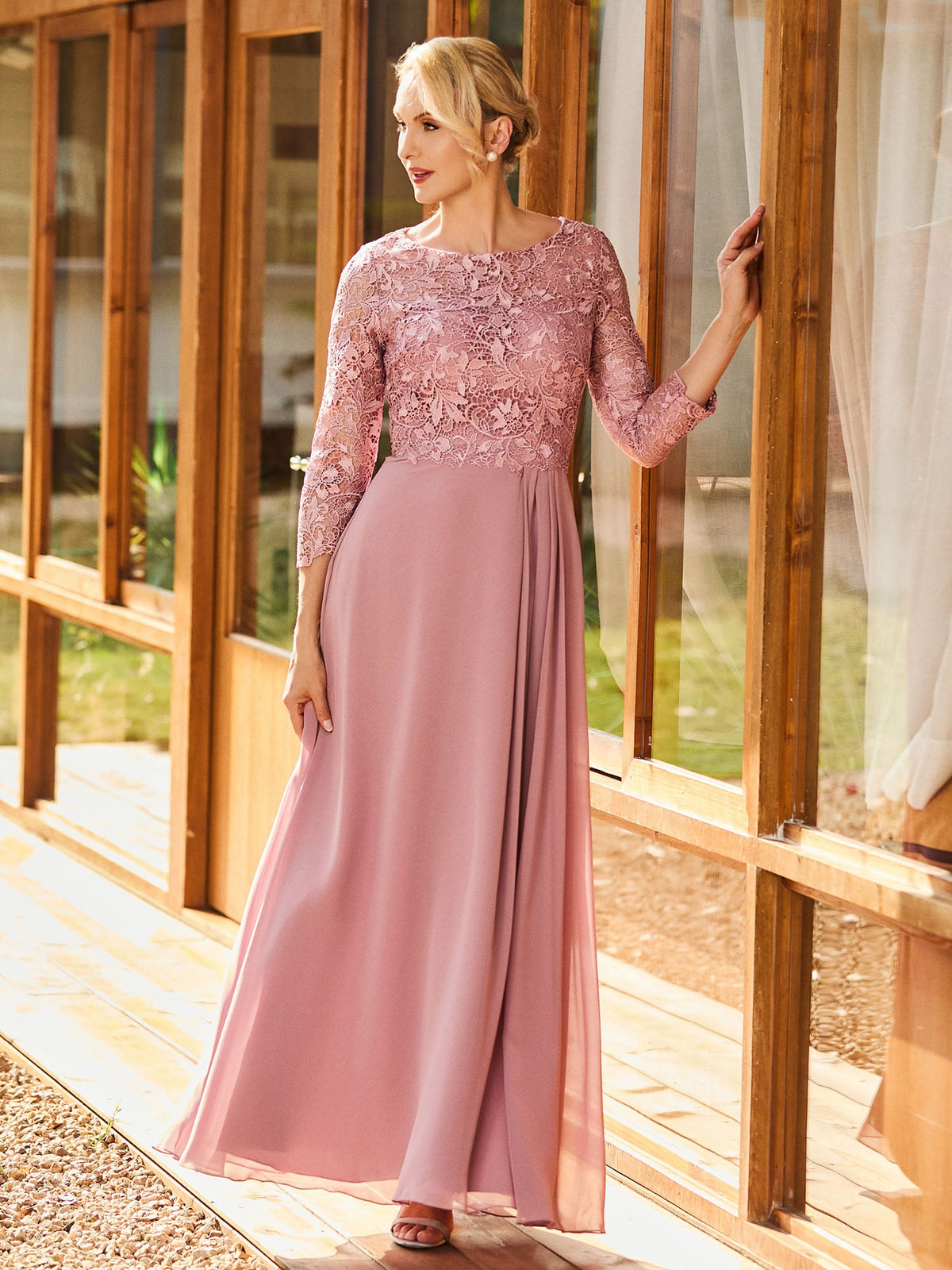 Long Sleeves Lace Top A-line Pleated Dress Dusty Rose