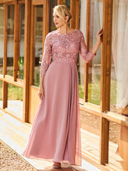 Long Sleeves Lace Top A-line Pleated Dress Dusty Rose