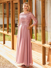 Long Sleeves Lace Top A-line Pleated Dress Dusty Rose