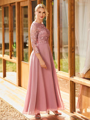 Long Sleeves Lace Top A-line Pleated Dress Dusty Rose