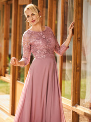 Long Sleeves Lace Top A-line Pleated Dress Dusty Rose