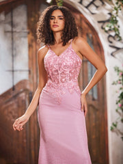 V-neck Appliqued Sheath Corset Bodice Jersey Long Gowns Dusty Rose