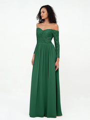 Off Shoulder Lace Top Long Sleeves Dresses-Dark Green