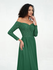 Off Shoulder Lace Top Long Sleeves Dresses-Dark Green