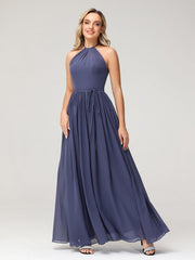 Halter High Neck Chiffon Bridesmaid Dress-Stormy