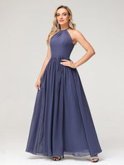 Halter High Neck Chiffon Bridesmaid Dress-Stormy