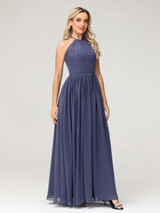 Halter High Neck Chiffon Bridesmaid Dress-Stormy