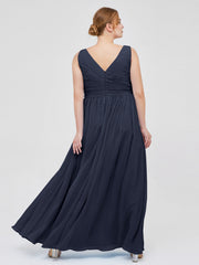 Chiffon V-neck Dress with Cascade Skirt Dark Navy