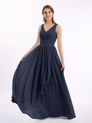 Chiffon V-neck Dress with Cascade Skirt Dark Navy